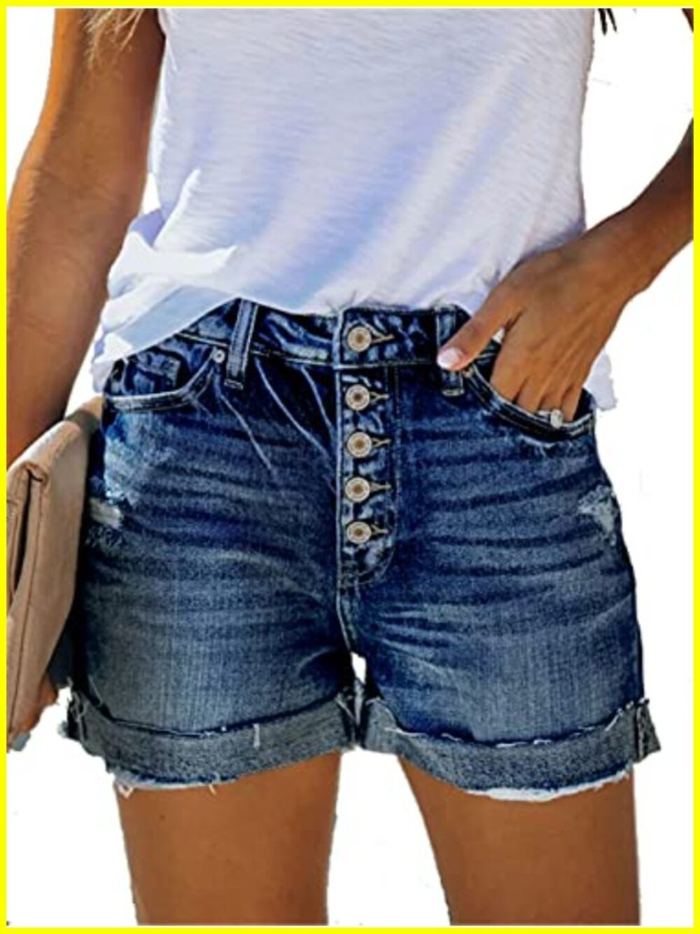Women's Mid Rise Ripped Denim Shorts Stretchy Folded Hem Slim Fit